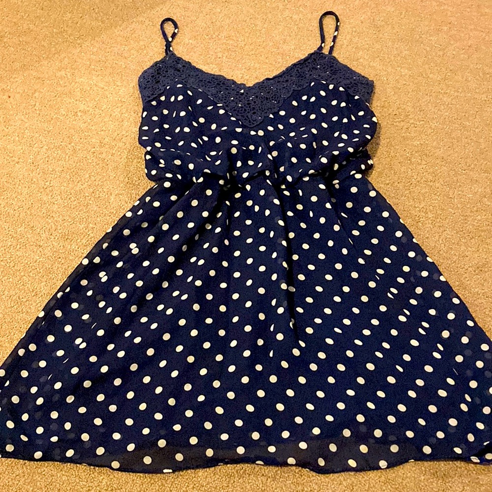 Navy blue polka dot dress.